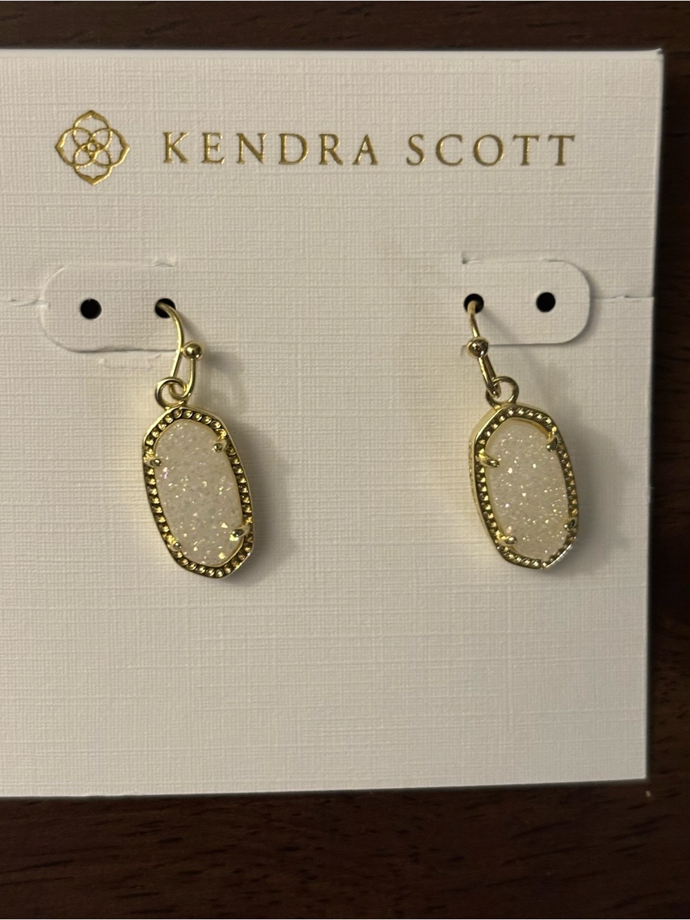 Kendra Scott Gold Frame Sparkling White Druzy Drop Earrings, brand new